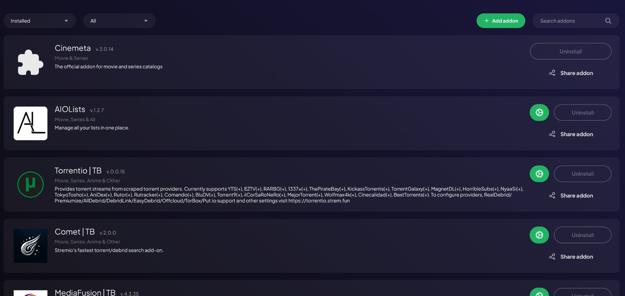Installed addons after Standard preset — part 1