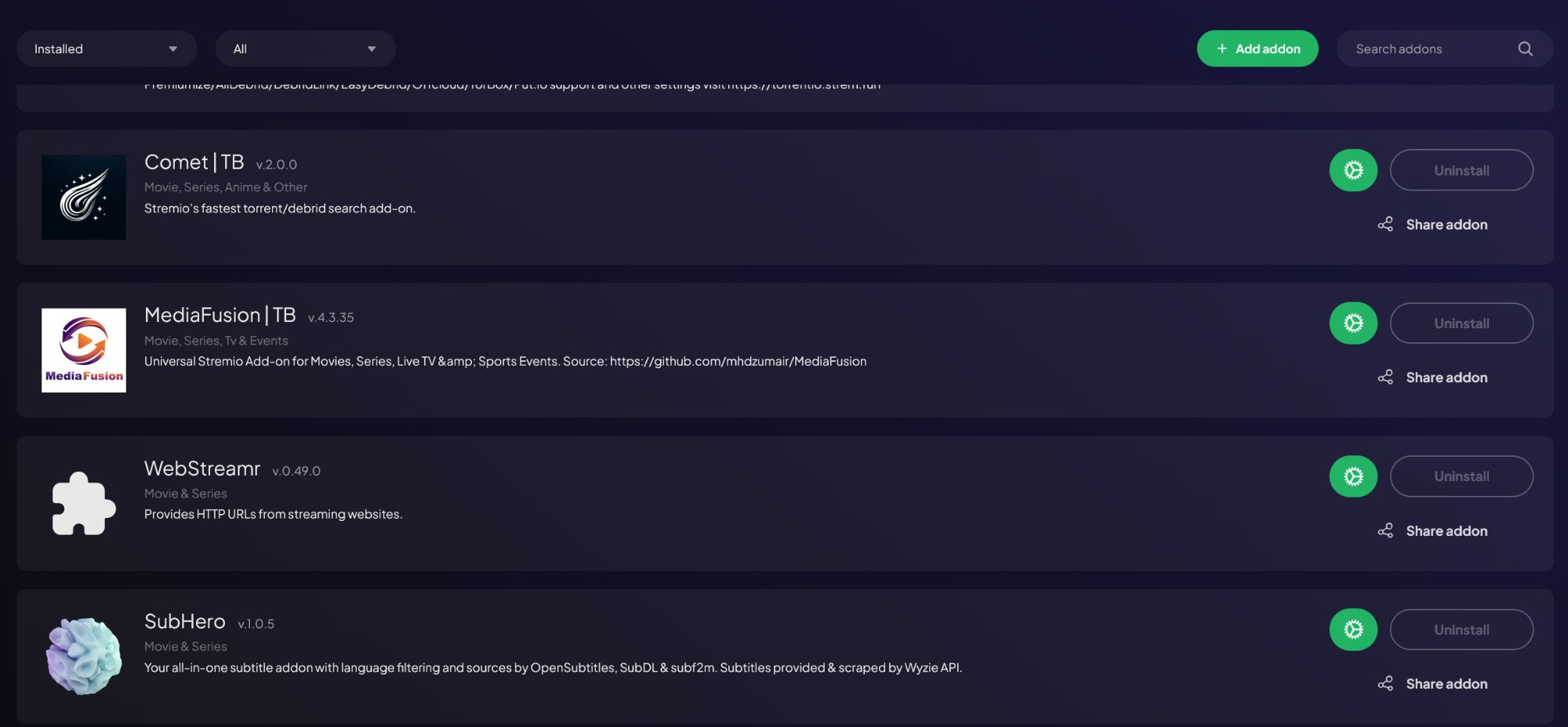 Installed addons after Standard preset — part 2