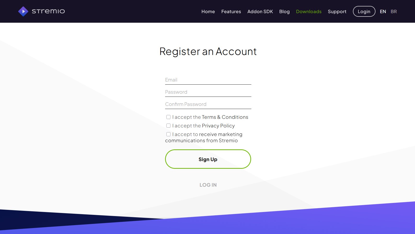 Stremio registration page